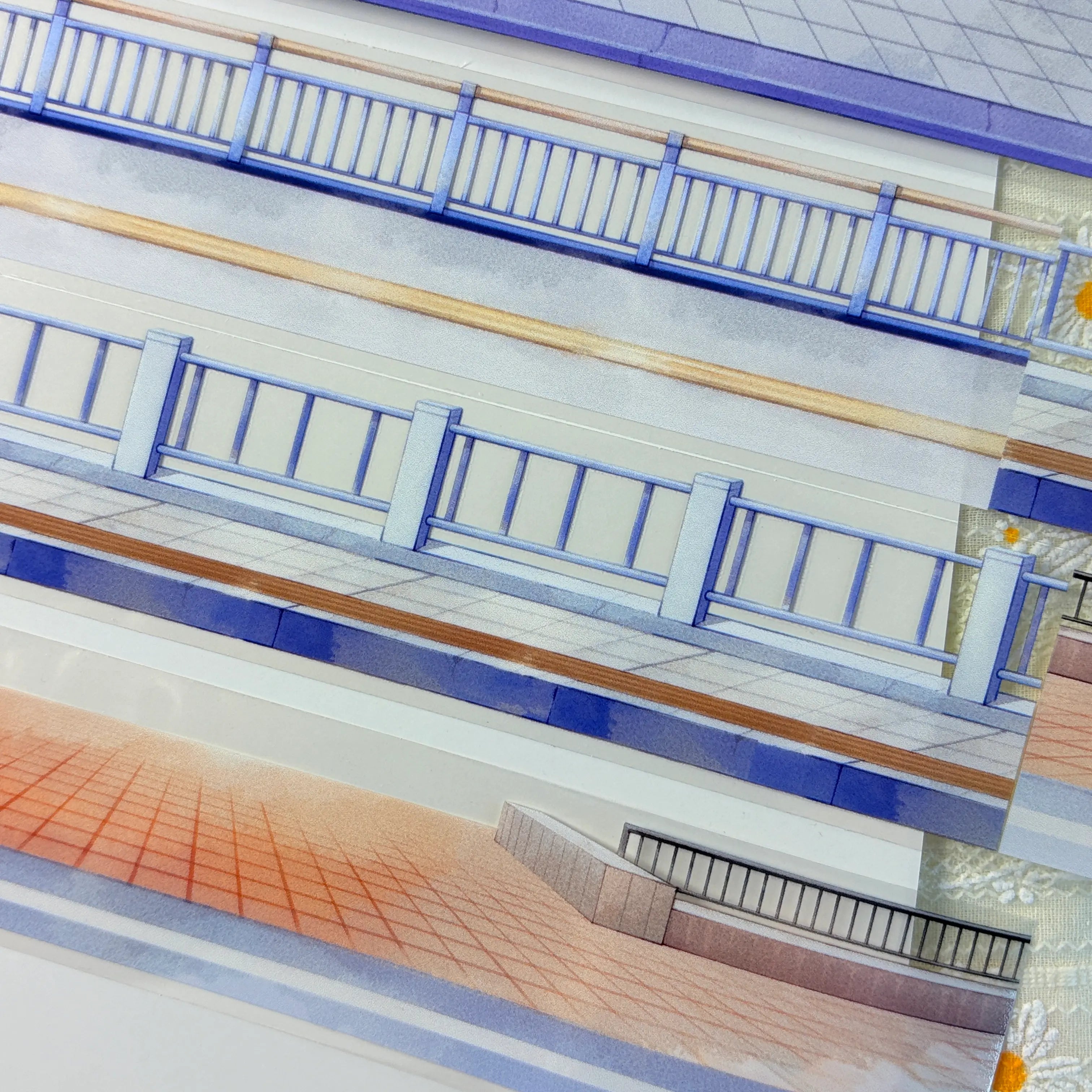 Urban street scene PET tape displaying architectural balcony details with brick pavement pattern below