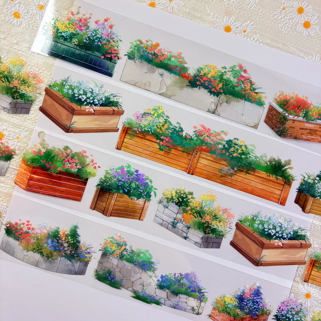 Flower planter box PET tape showing wooden and stone planters overflowing with colorful garden flowers