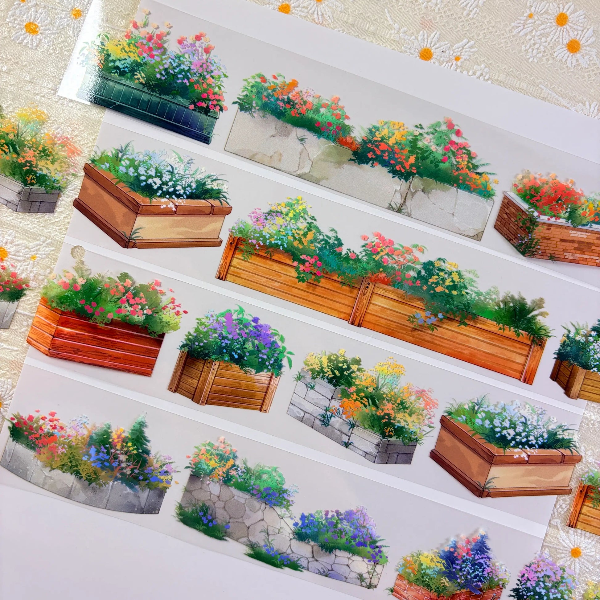 Flower planter box PET tape showing wooden and stone planters overflowing with colorful garden flowers