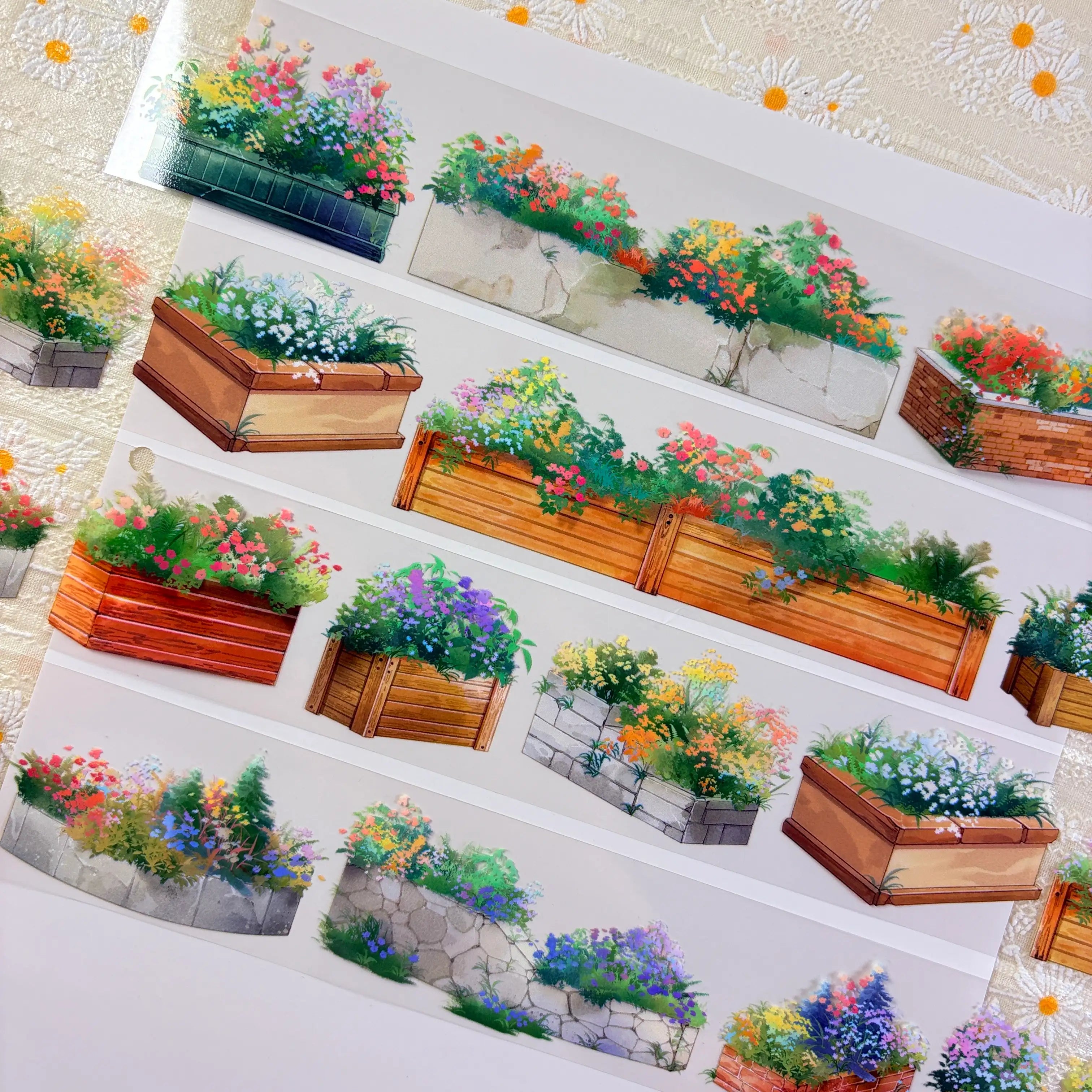 Flower planter box PET tape showing wooden and stone planters overflowing with colorful garden flowers