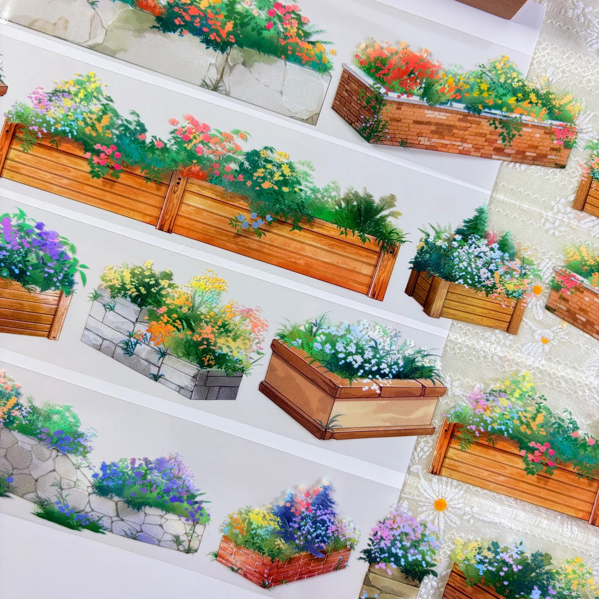 Flower planter box PET tape detail showing warm-toned wooden planters with lush flower arrangements