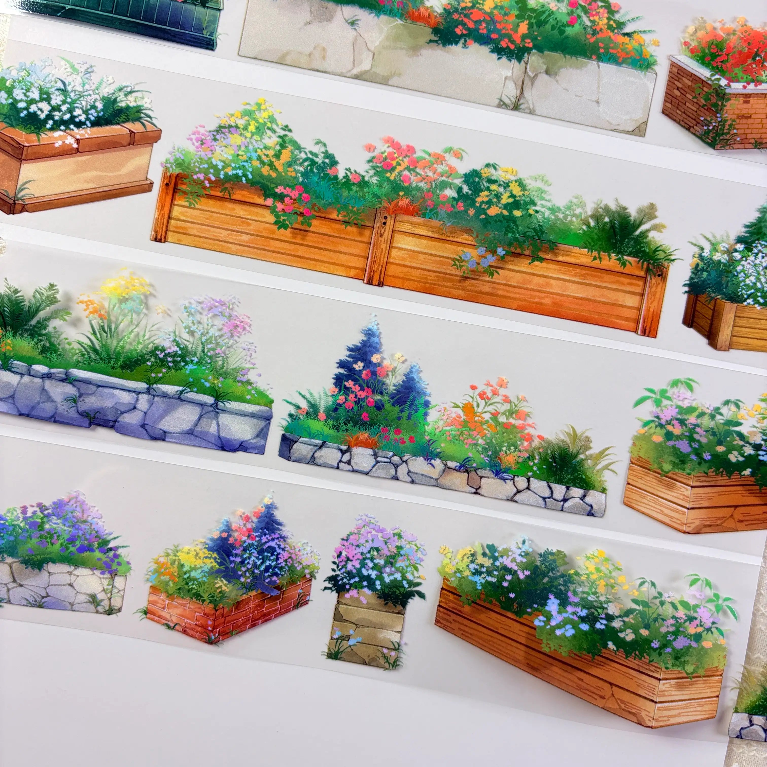 Flower planter box PET tape showing stone and brick planter designs with purple blue and white flowers