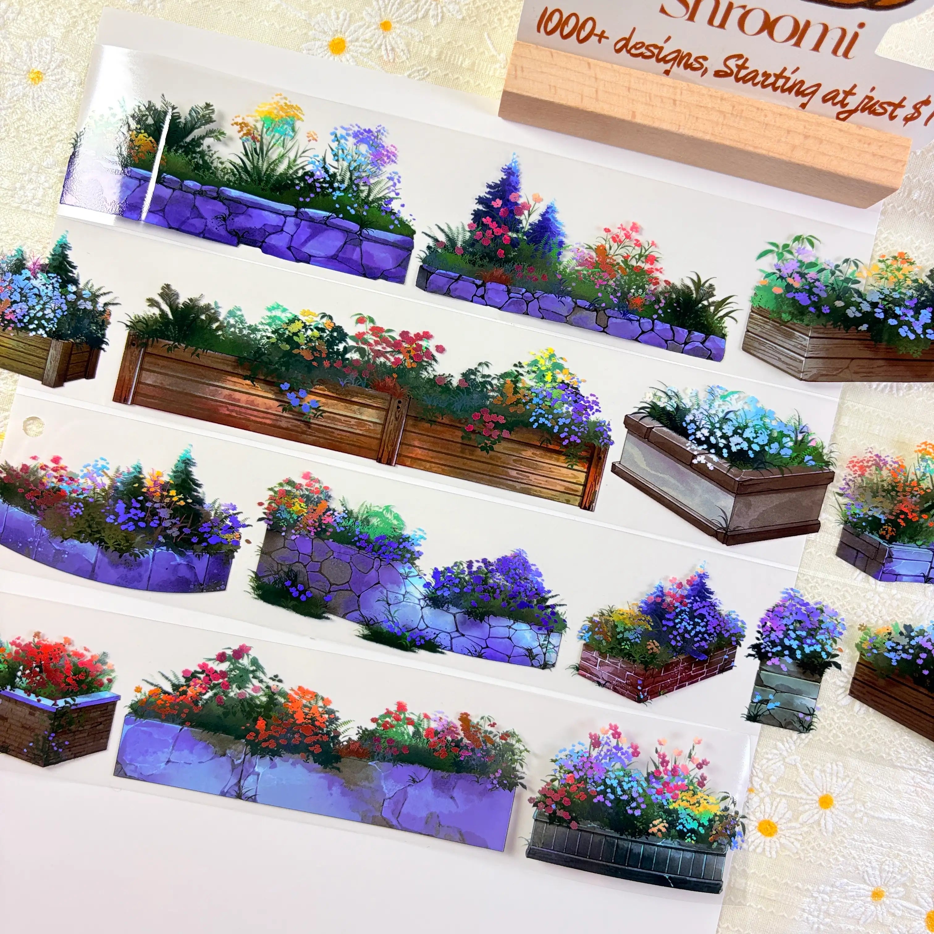 Flower planter box PET tape overview showing multiple strips with varied planter box and flower combinations