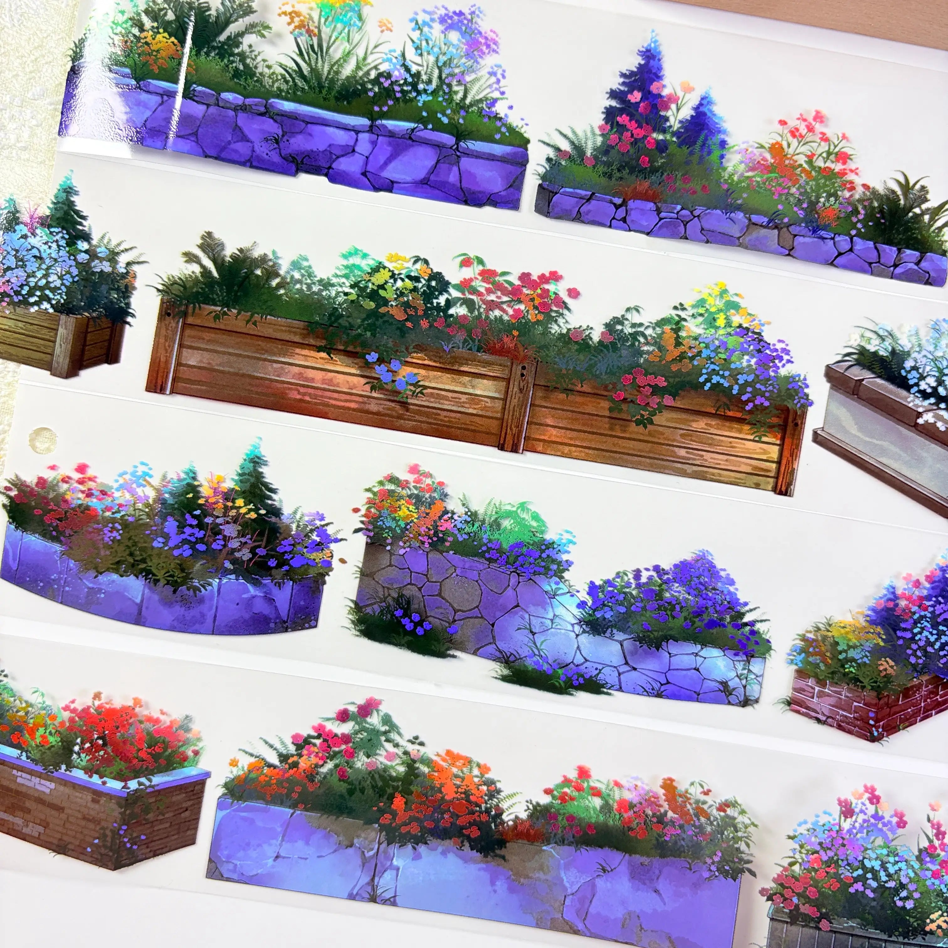 Flower planter box PET tape showing ornate wooden planters with colorful cottage garden flower mix