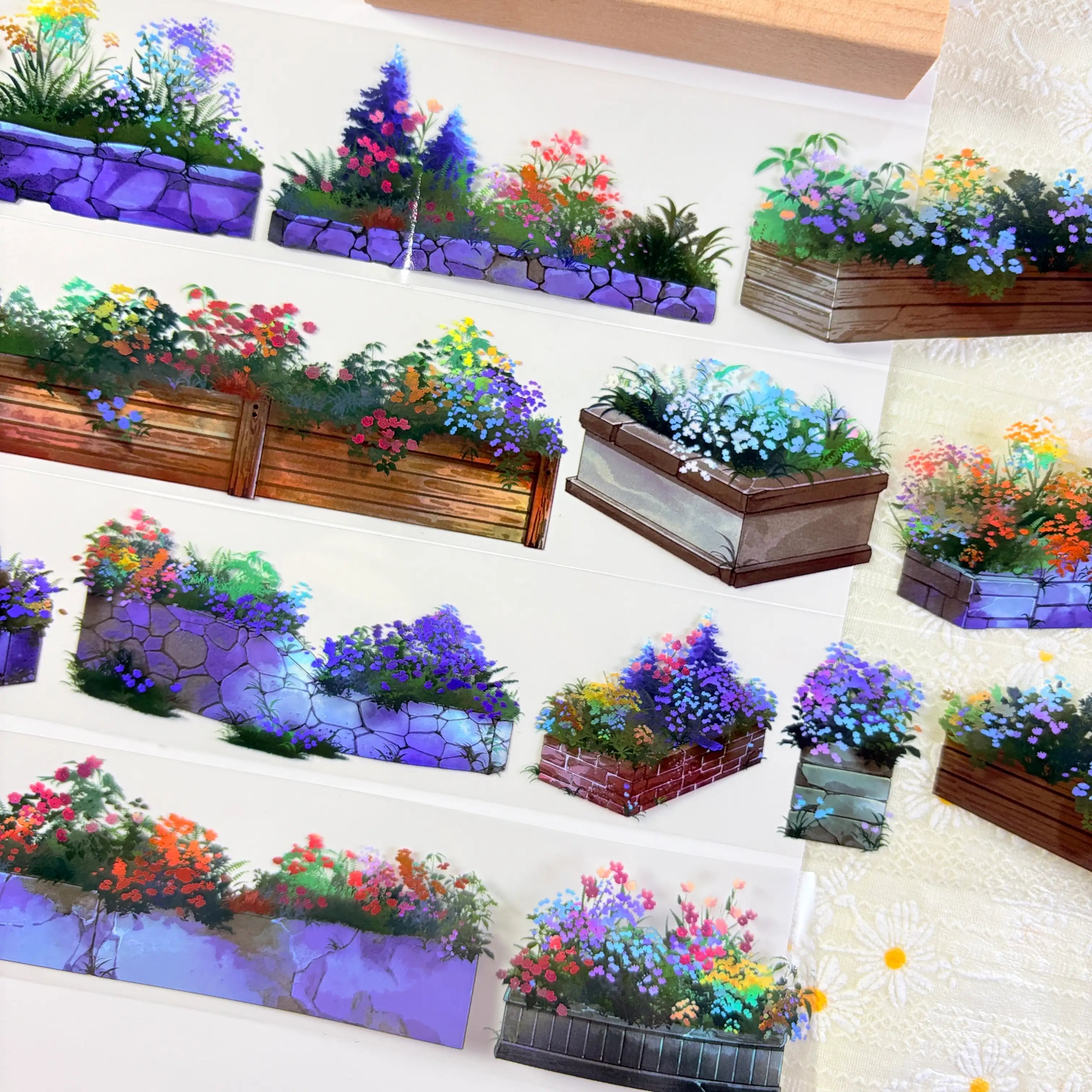 Flower planter box PET tape full view showing day version with bright sunlit flower planter arrangements