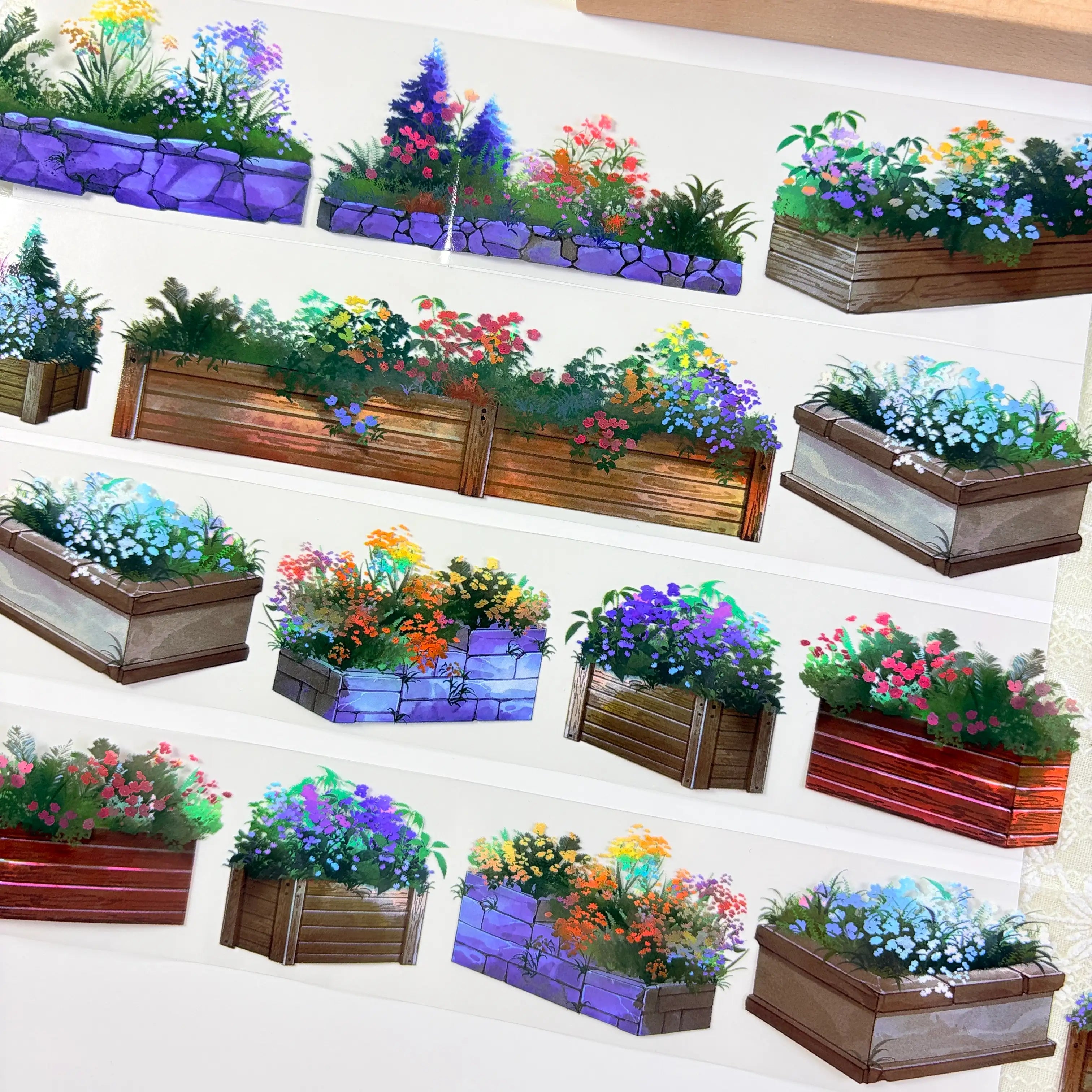 Flower planter box PET tape showing night version with cooler tones and different flower planter styles
