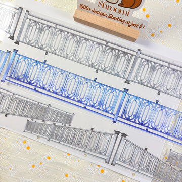 Modern ornate railing PET tape showing detailed silver-gray and blue metal fence design with oval arch panels