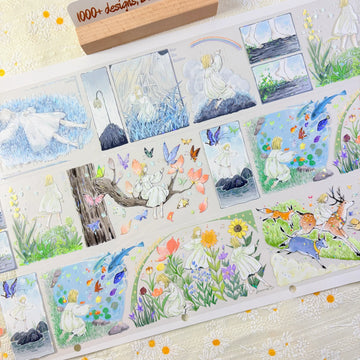Japanese nature fairy PET tape sticker sheet showing white-dressed fairy girl in ethereal lavender field and forest scenes