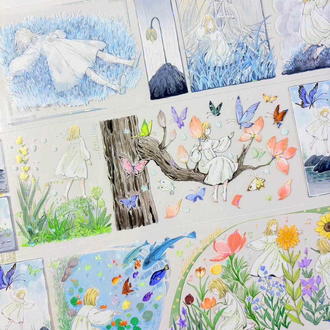 Japanese nature fairy PET tape sticker sheet showing white-dressed fairy girl in ethereal lavender field and forest scenes