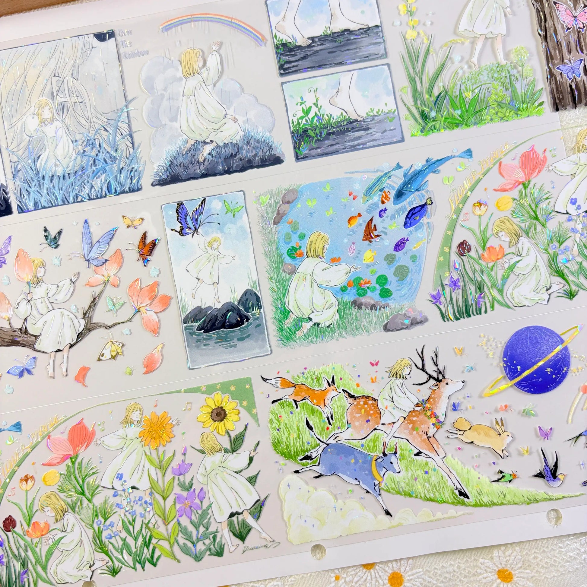 Japanese nature fairy PET tape with fairy girl among koi pond, deer meadow, and wildflower field vignettes