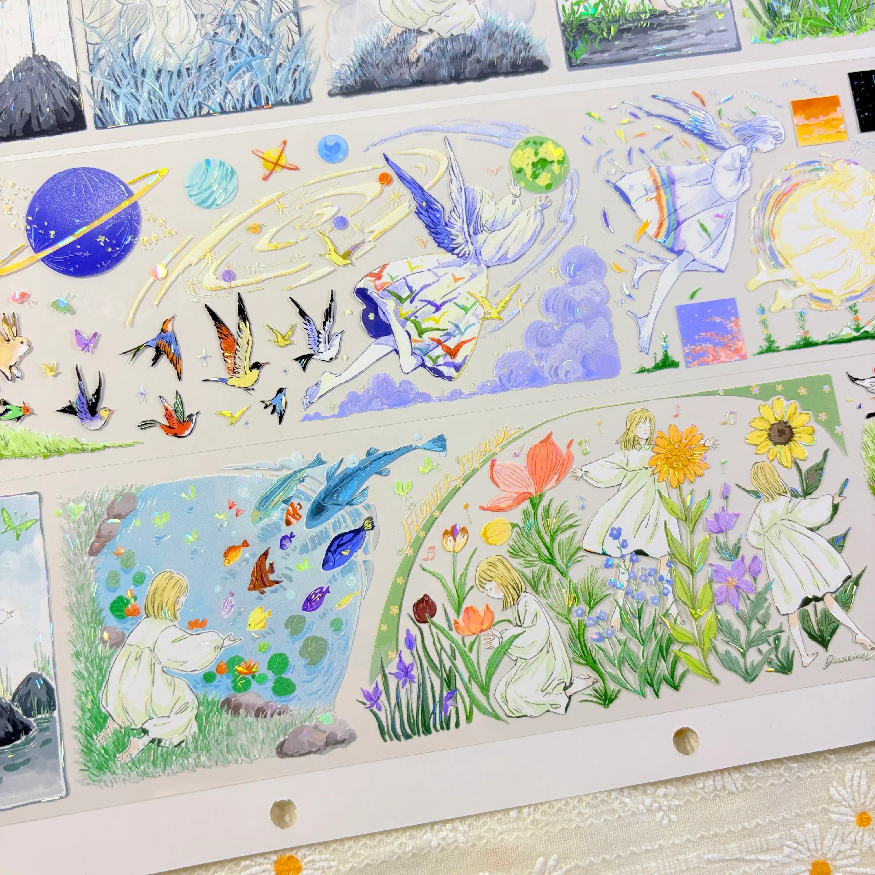 Japanese nature fairy PET tape detail showing fairy girl with sunflowers, deer, and colorful wildflower meadow