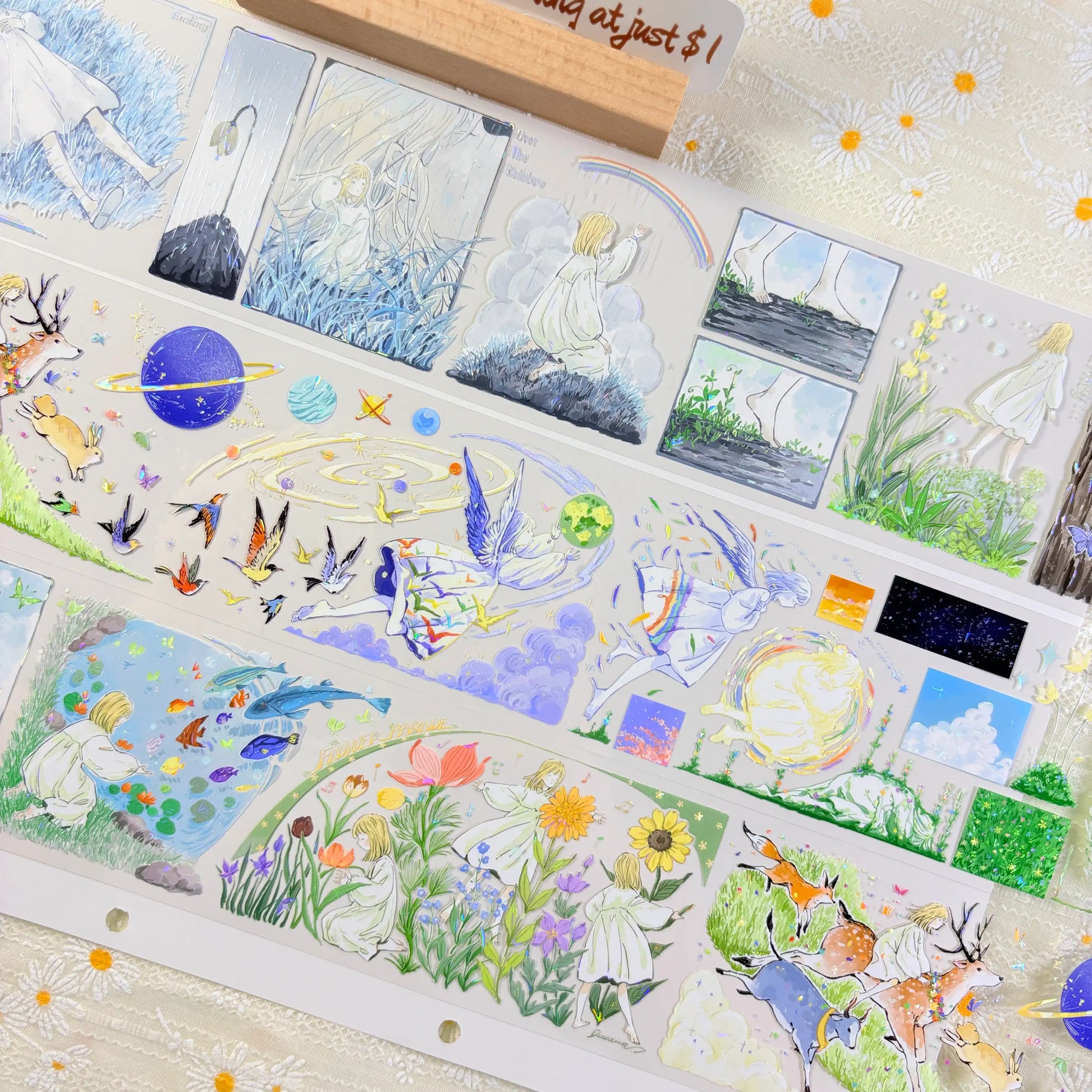 Japanese nature fairy PET tape layout showing multiple illustrated nature vignettes in soft watercolor style