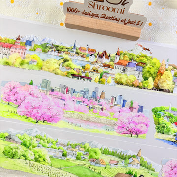 Four seasons panoramic PET tape showing European castle town with colorful autumn trees and mountain backdrop