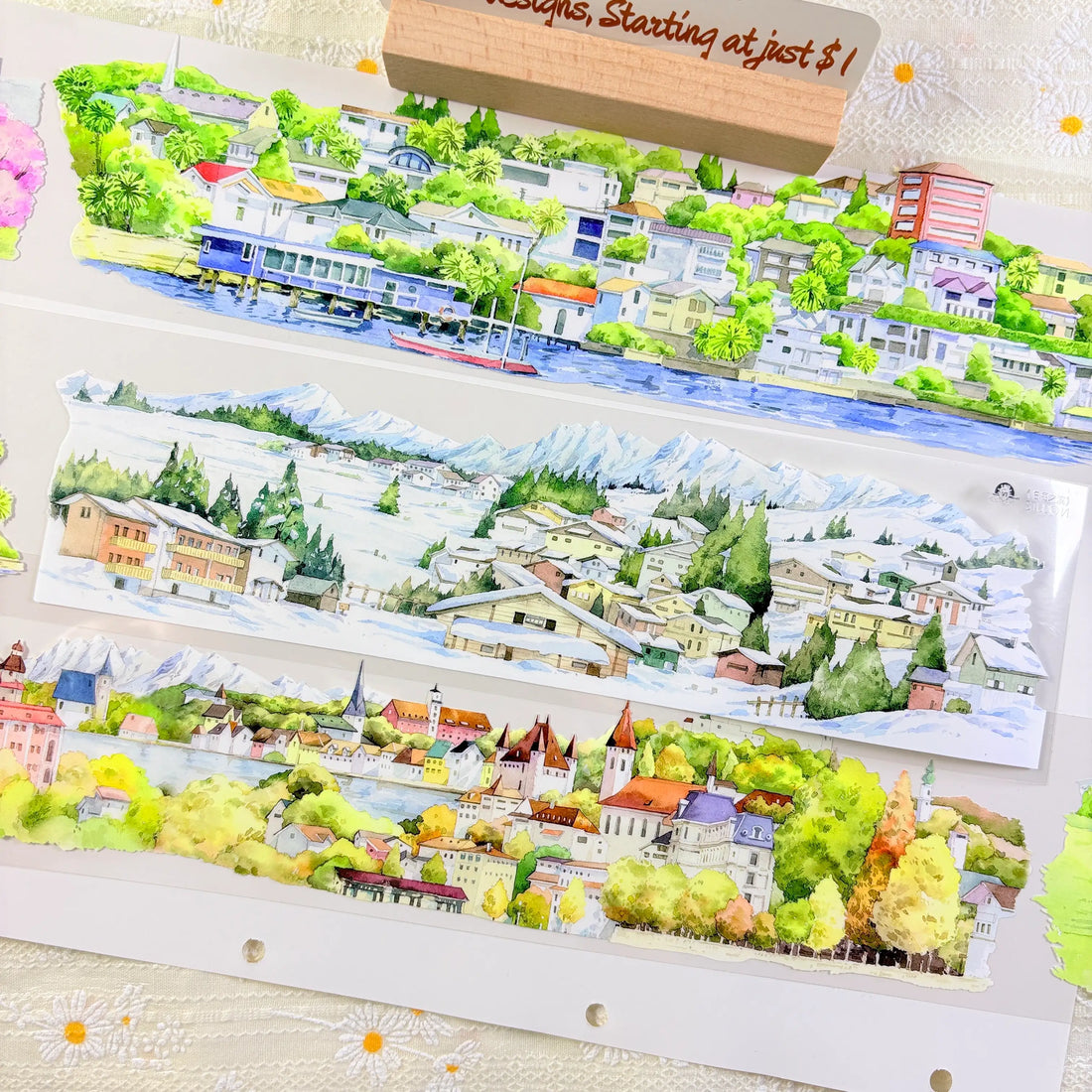 Four seasons panoramic PET tape showing European castle town with colorful autumn trees and mountain backdrop