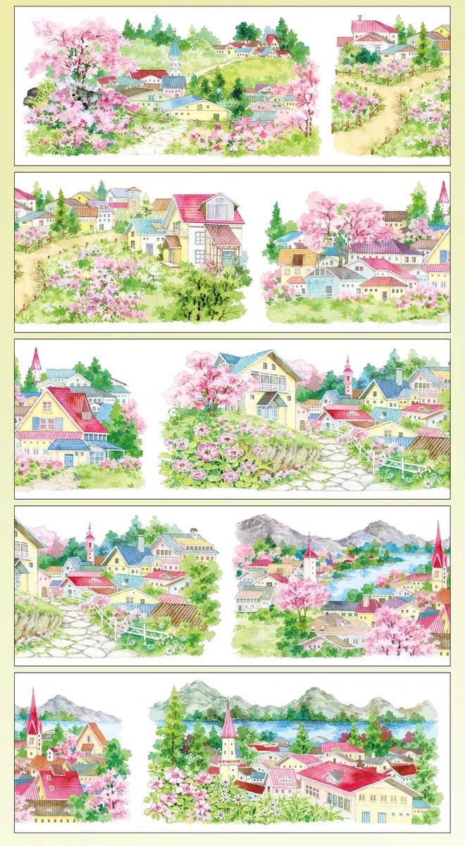 Fairy Tale Village PET Tape with watercolor European houses, pink flowering trees, garden paths, lakes, and mountains in soft spring colors