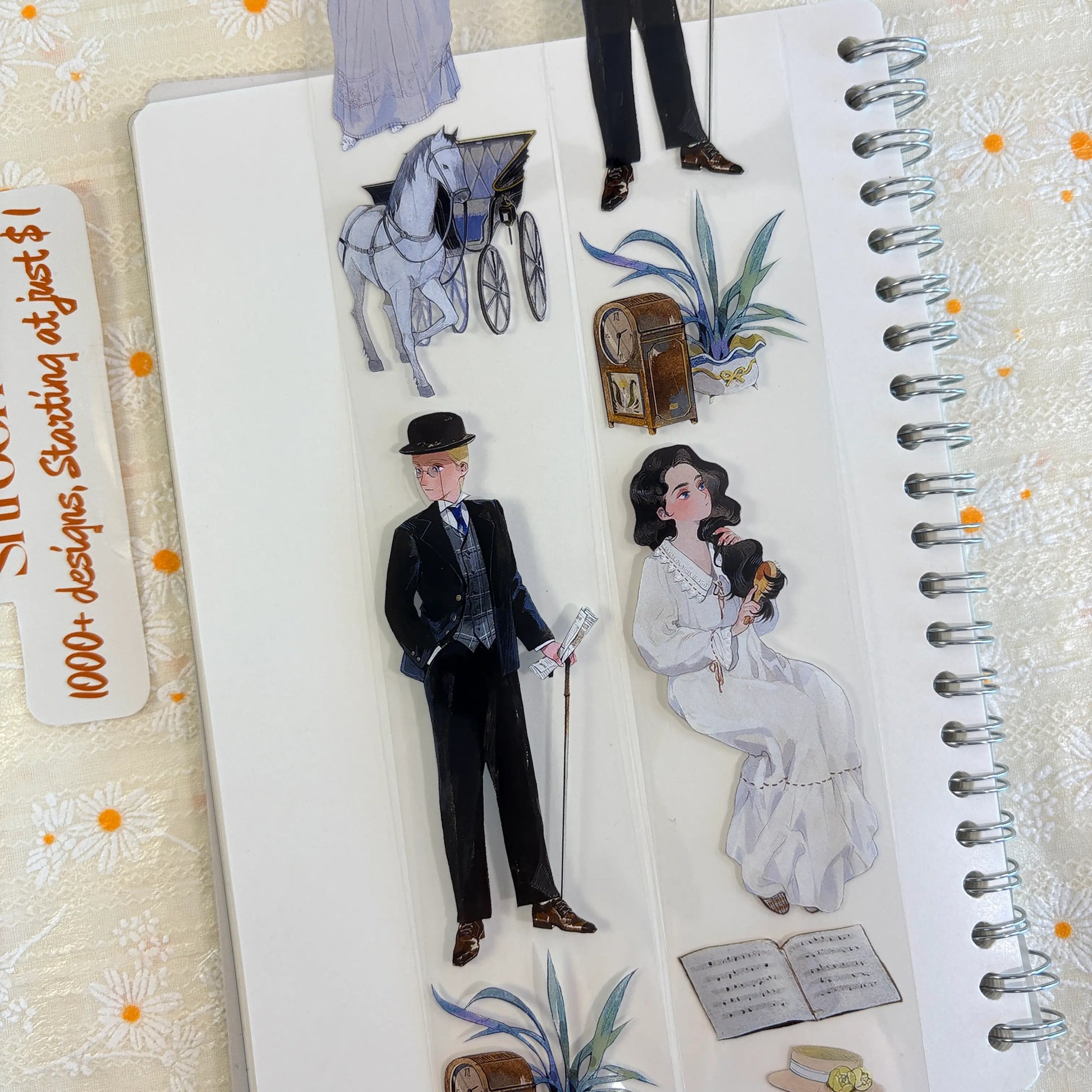 Shroomi PET tape on journal showing Edwardian gentleman in black suit with cane, woman in white dress, horse-drawn carriage, antique mantel clock, and potted palm plant
