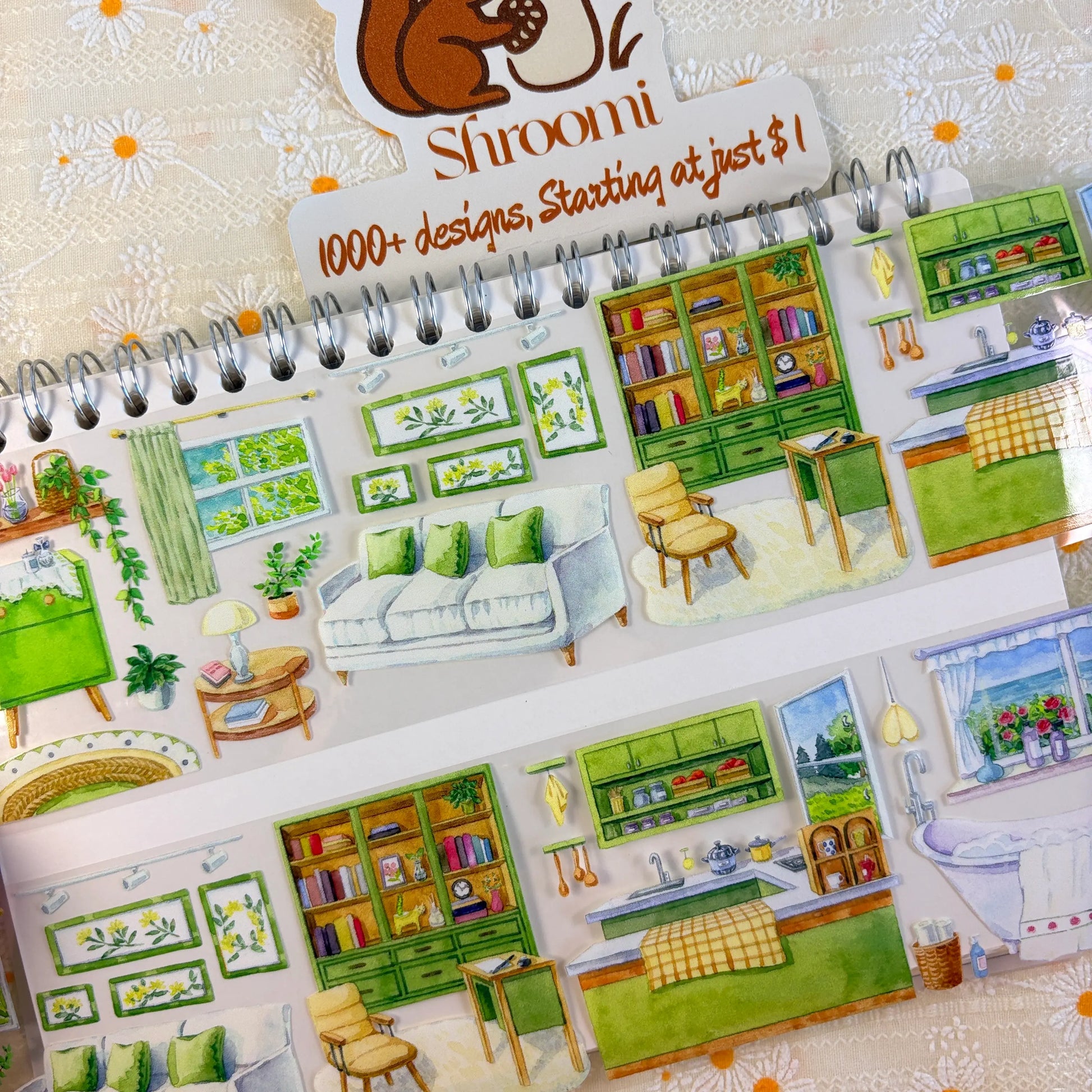 Shroomi Green Living PET tape on journal — two strips: living room with white sofa, green bookcase, curtained window, and framed wall art (top); kitchen and study with bookshelves, green furniture, and desk area (bottom)