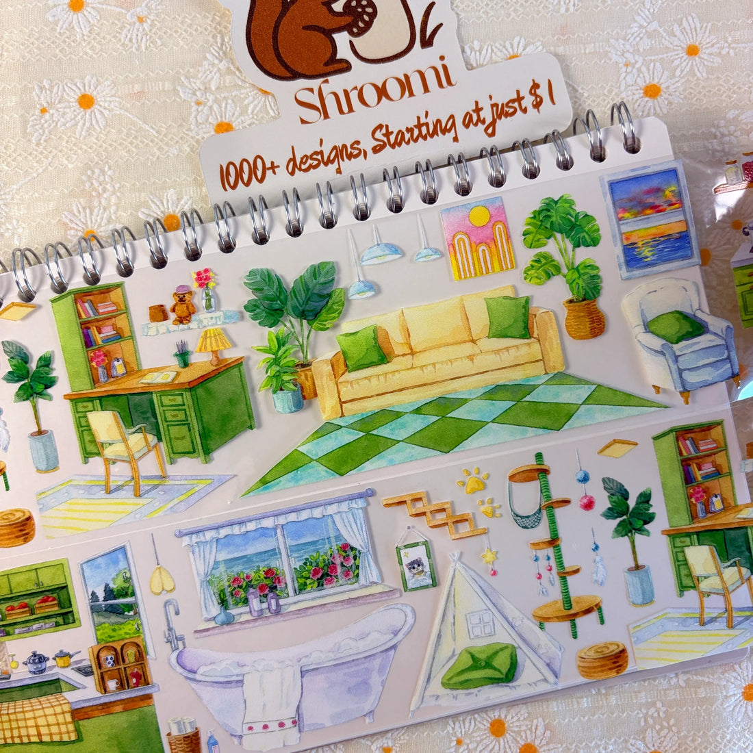 Shroomi Green Living PET tape on journal — two strips: kitchen with green cabinets, pendant lamps, and dining set (top); bedroom with yellow bed, flower vase, plant shelves, and stuffed animals on blue sofa (bottom)