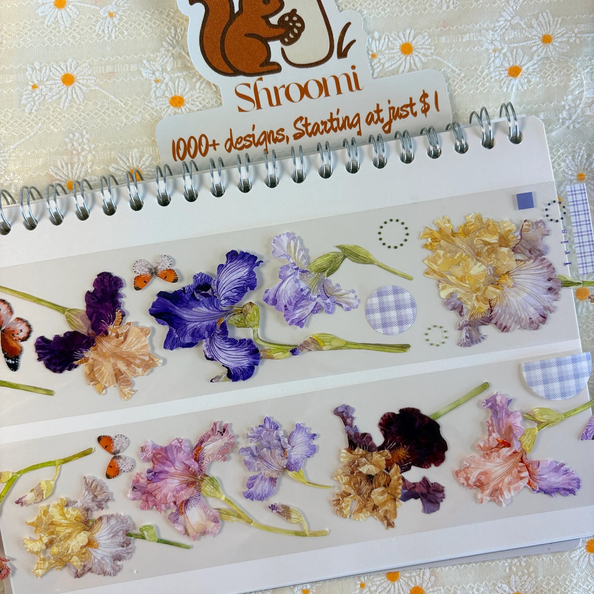 Two Iris Blooms PET tape strips showing deep purple, lavender and cream iris flowers with orange butterflies and light blue gingham details