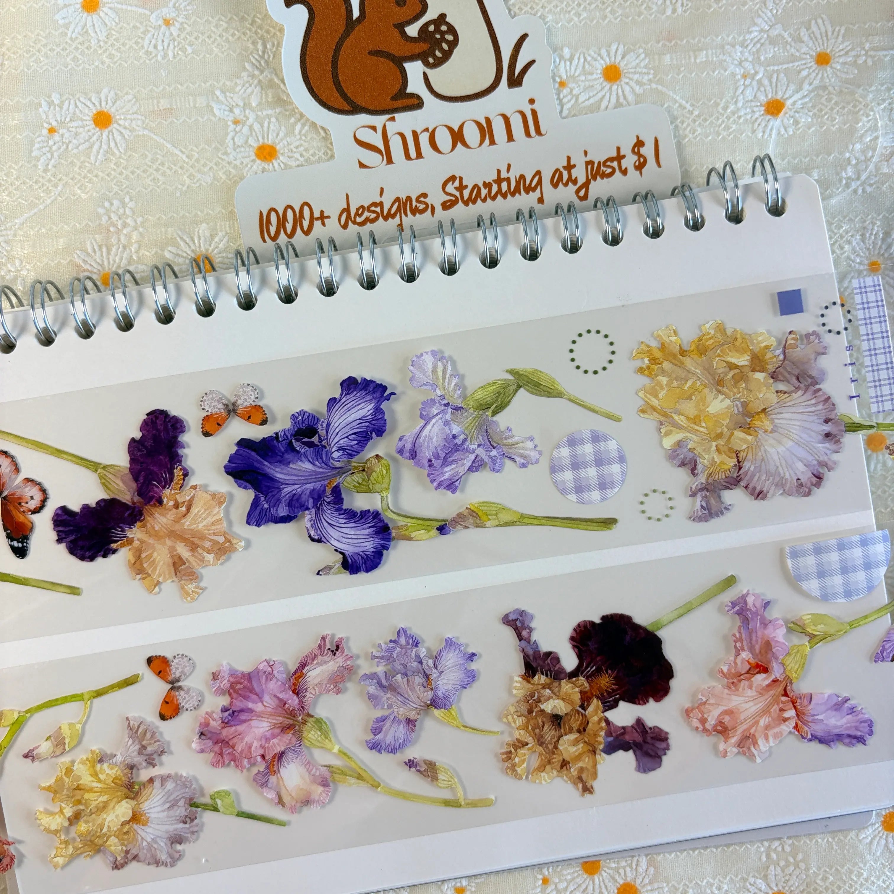Two Iris Blooms PET tape strips showing deep purple, lavender and cream iris flowers with orange butterflies and light blue gingham details