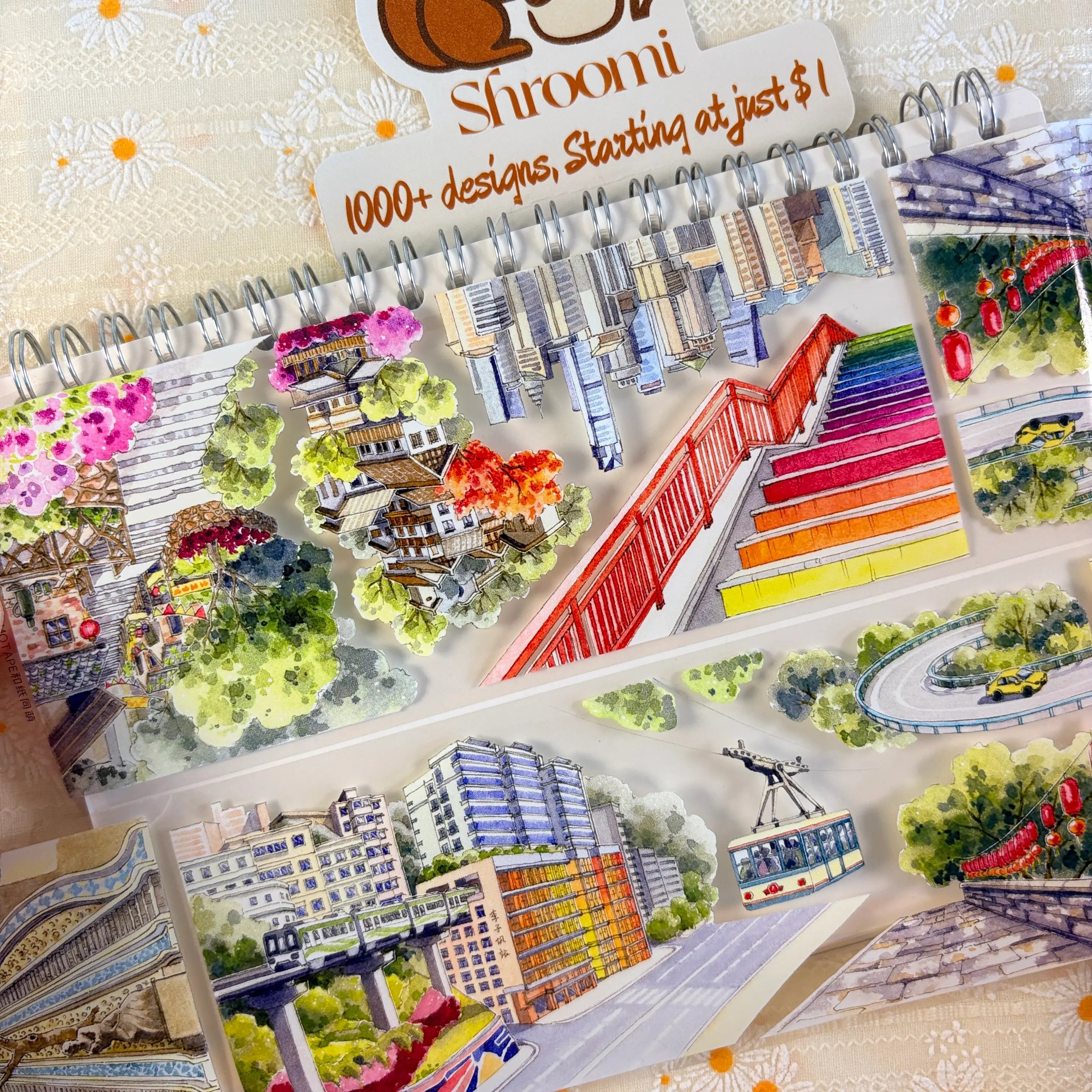 Chongqing hillside castle, rainbow terraced steps, and cable car on PET tape