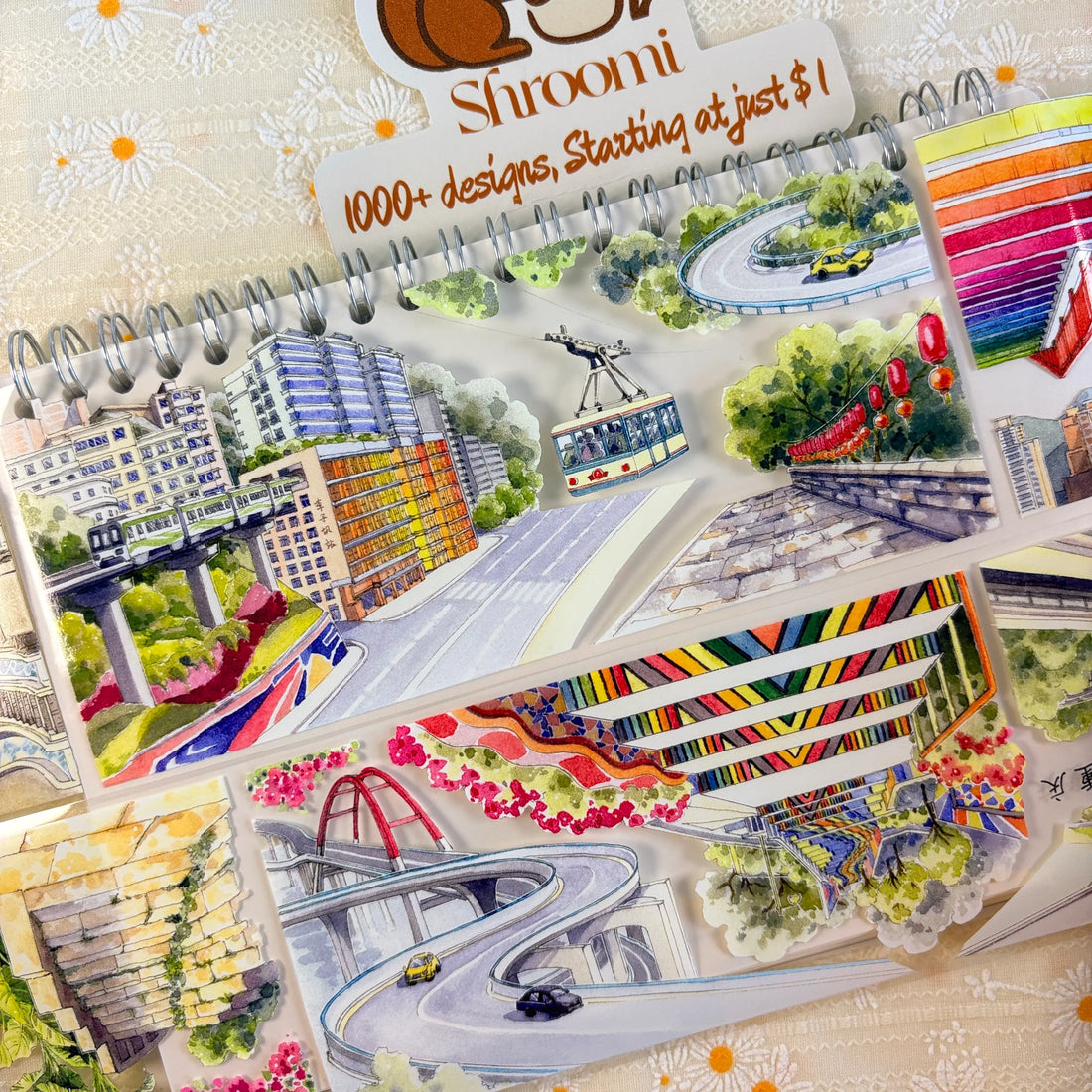 Watercolor Chongqing landmarks with Hongyadong waterfront, red bridge, and cable car on PET tape