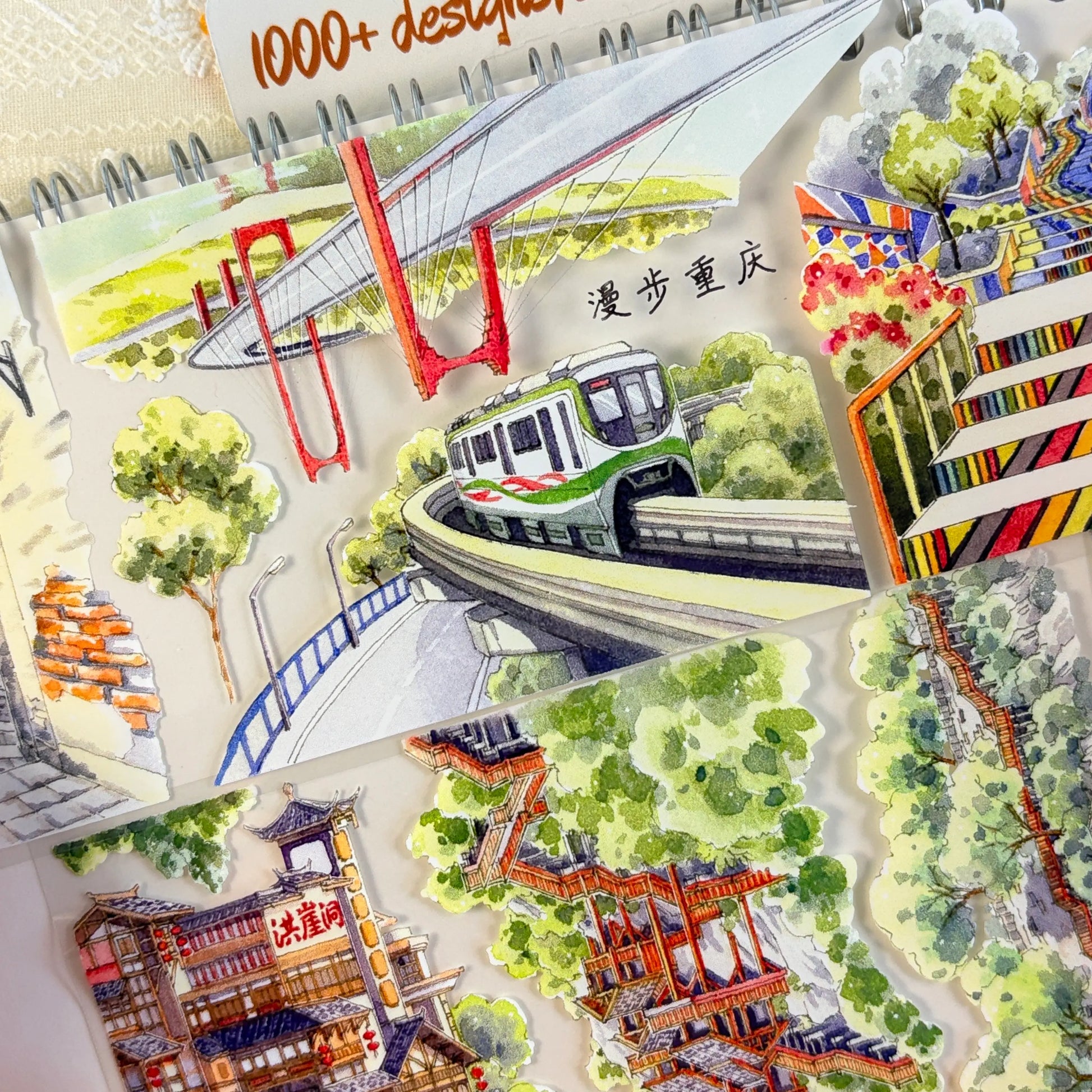 Watercolor Chongqing landmarks with Hongyadong waterfront, red bridge, and cable car on PET tape