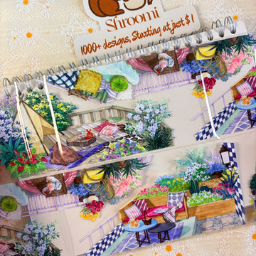 Rooftop terrace garden with colorful flowers, rattan chairs, and checkered tiles on PET tape