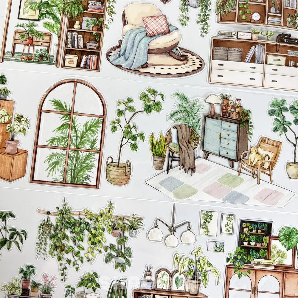 Indoor Greenery Scene Pre-cut PET Tape Indoor Greenery Pre-cut PET Sticker | Cozy Home Scene Elements
