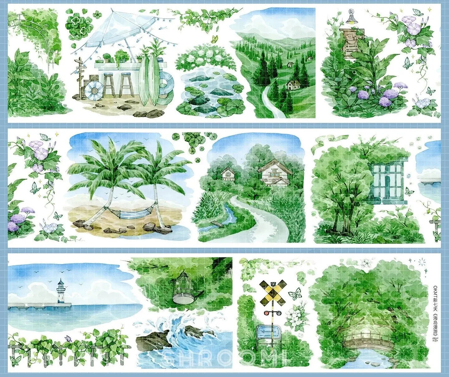 Watercolor decorative tape featuring diverse nature scenes: island beaches, mountains, and green trails by Shroomi.