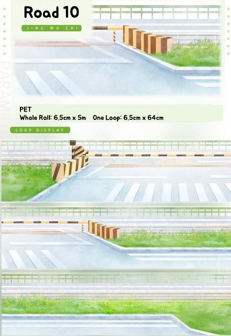 Illustration of a road with greenery and crosswalks and warning rails
