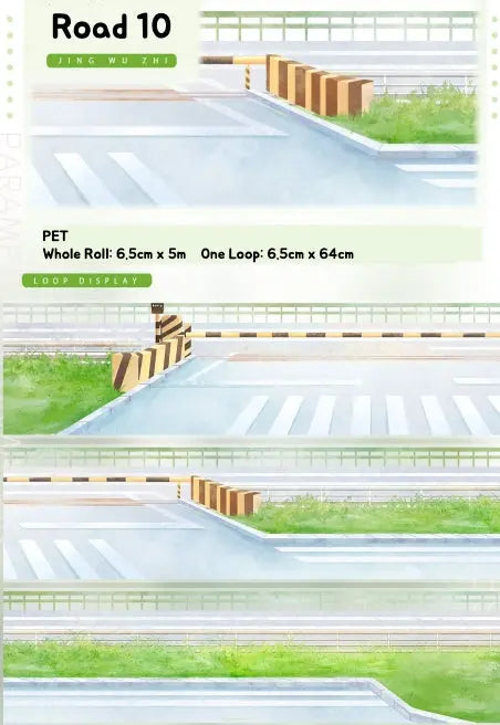Illustration of a road with greenery and crosswalks and warning rails