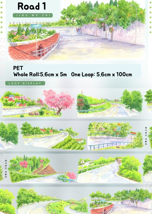 Illustrations of a road scene with greenery and buildings, labeled 'Road 1'.