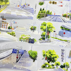 Illustration of a city street with roads, traffic lights, and trees.