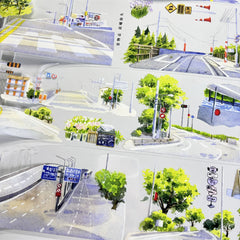 Illustration of a city street with roads, traffic lights, and trees.