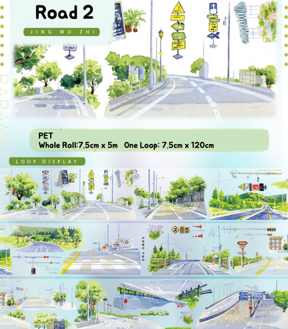 Illustrated road scene with various elements and text about a product roll.