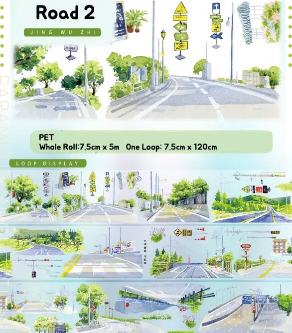 Illustrated road scene with various elements and text about a product roll.