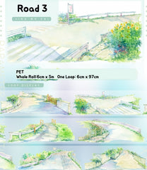 Illustrations of a garden path with plants and a fence, labeled 'Road 3'.