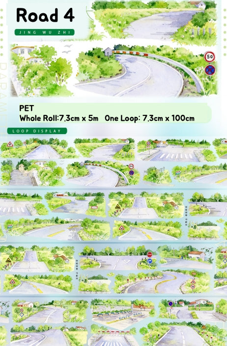Illustrations of roads with greenery and road signs on a white background