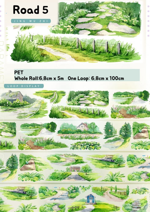 Illustrations of green landscapes with roads and paths on a white background.