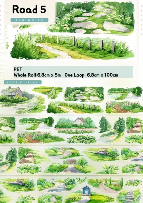 Illustrations of green landscapes with roads and paths on a white background.