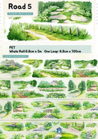 Illustrations of green landscapes with roads and paths on a white background.