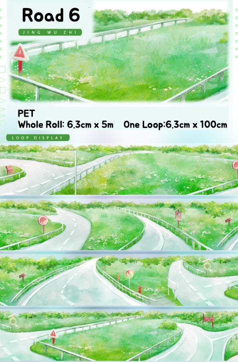 Illustration of a road with greenery and traffic signs, displayed in multiple loops.