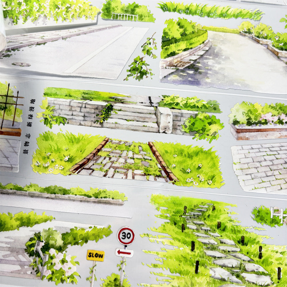 Design of a green urban space with pathways, plants, and traffic signs.