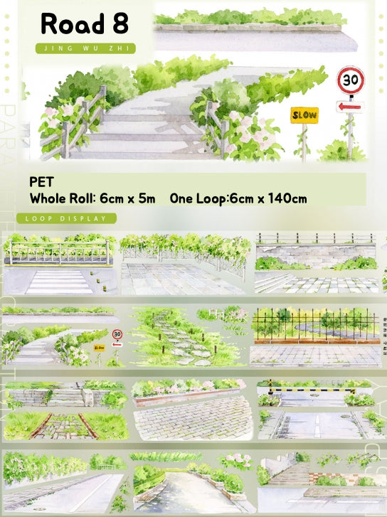 Illustrations of a road with greenery and traffic signs on a white background