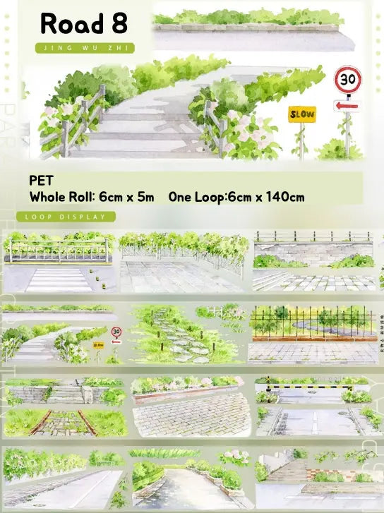 Illustrations of a road with greenery and traffic signs on a white background