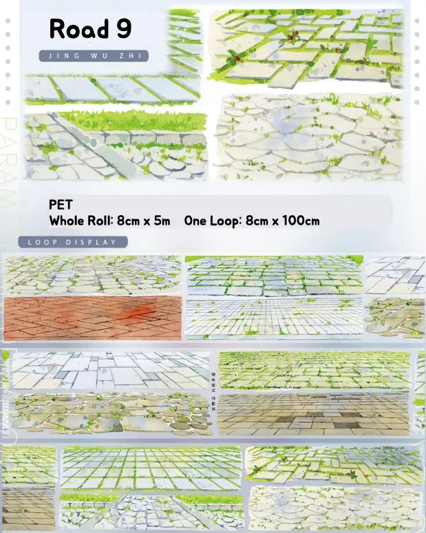 Collection of road designs with specifications on a white background