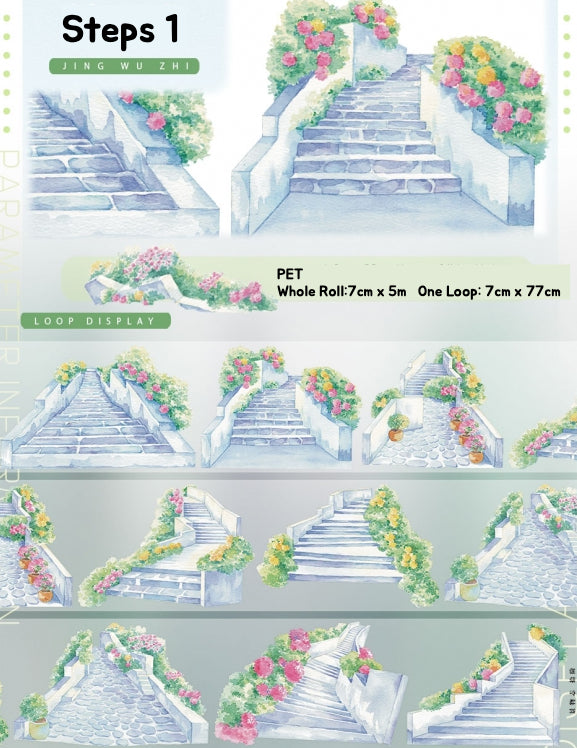 Decorative border with floral designs on stairs, used for PET roll display.