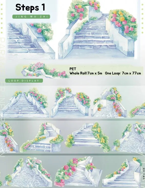Decorative border with floral designs on stairs, used for PET roll display.