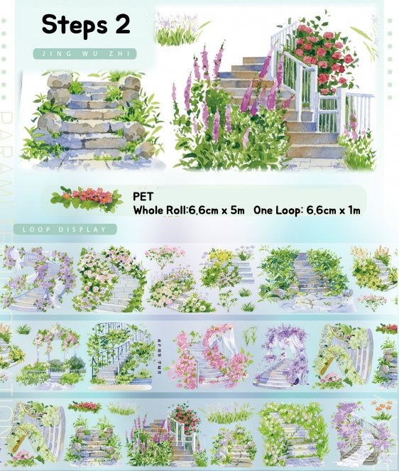 Decorative garden-themed stickers with plants and steps on a white background